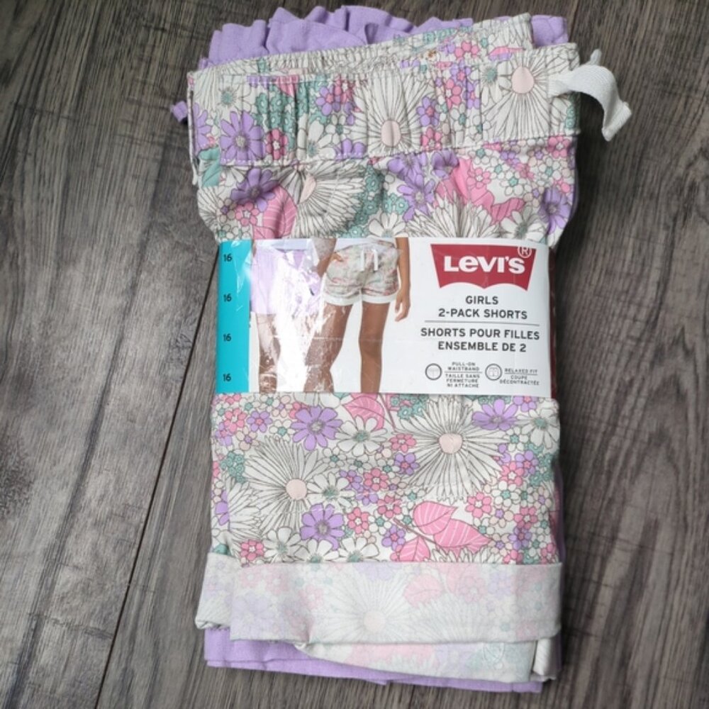 NWT Levi's Girl's Linen Cotton Blend 2 Pack Shorts Floral/Purple Size 16